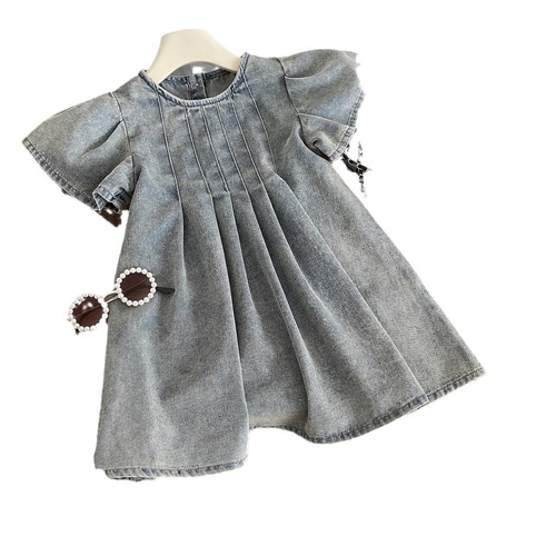 2024 Summer New Korean Style Girls' Washable Soft Denim Dress for Girls with Short Sleeve Children's Dress