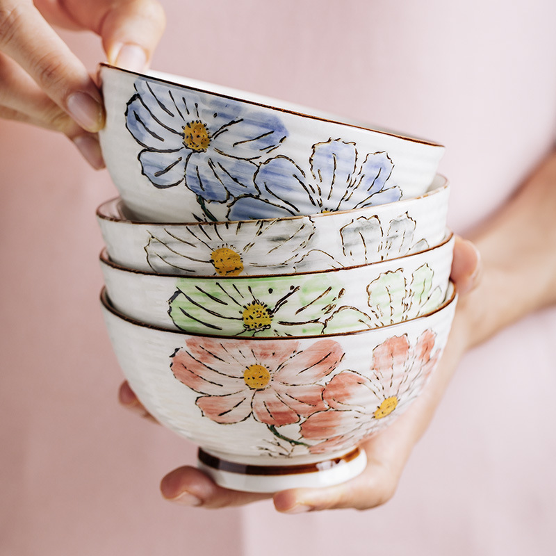 [High Feet Small Bowl] Creative Hand-painted Personality Bowl Restaurant Household Rice Bowl Household Department Store Household Ceramic Bowl