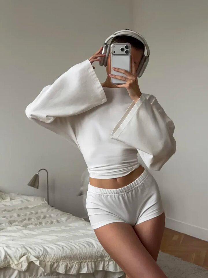 Áo thun nữ dệt kim dài tay cánh dơi dáng ngắn chiết eo xếp ly phong cách công sở — Màu hồng, Màu kaki, Màu trắng, Xanh tím than chi tiết 15