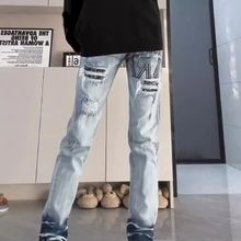 网红破洞贴布刺绣牛仔裤男女潮流补丁修身小脚潮牌弹力个性裤子男