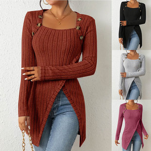 European and American Cross-Border Women's Clothing 2023 Pure Color Long-Sleeved Knitted Square Collar Asymmetrical T-Shirt Top Amazon Hot Sale