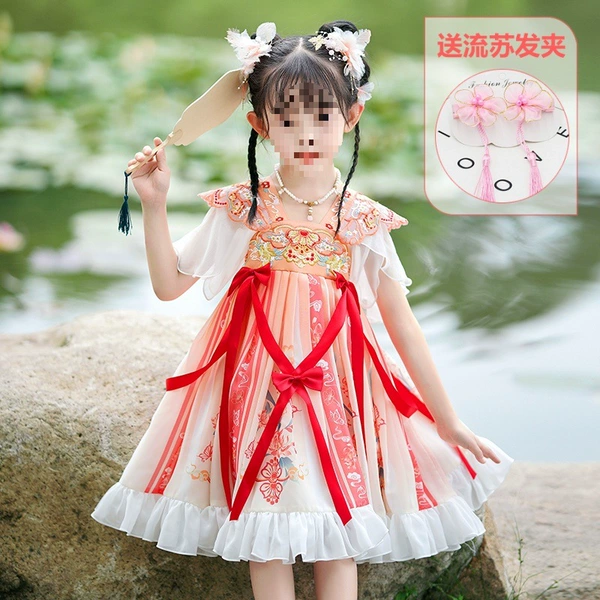 Red short hair accessory with tassels, with short sleeve