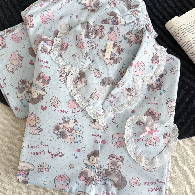 Pure Cotton Pajamas for Women Spring and Autumn 2026 New Style Sweet Lace Edge Cute Cartoon Long-Sleeved Long Pants Cotton Home Clothes Pure Cotton Pajamas for Women Spring and Autumn 2026 New Style Sweet Lace Edge Cute Cartoon Long-Sleeved Long Pants Cotton Home Clothes