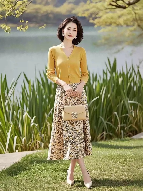 小个子黄色针织衫碎花半身裙两件套女2025春季新款超好看时尚套装|undefined