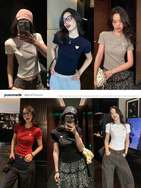 中空デザインラブショートTシャツレディース夏新作ニッチホットガール万能カジュアル半袖ショルダートップ|undefined