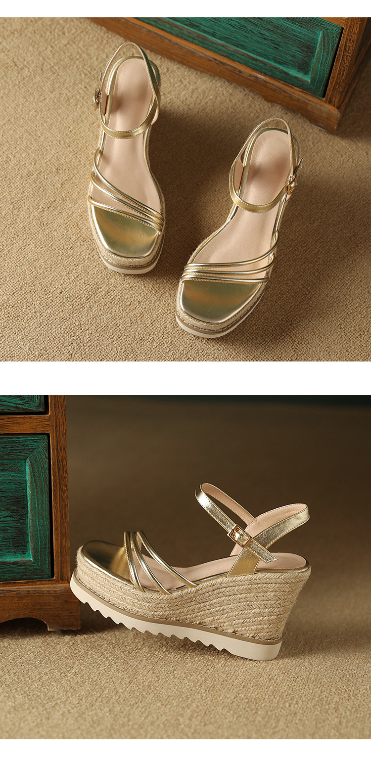 Sandal cao gót nữ phong cách Bohemian quai ngang mảnh hở mũi, đế xuồng đan rơm cao 9 cm — màu vàng, bạc chi tiết 11