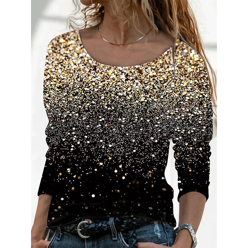 302387 Summer New Golden Gradient Printed Round Neck T-Shirt Women's Tops Long-Sleeved Bottoming Shirt Amazon Hot Sale