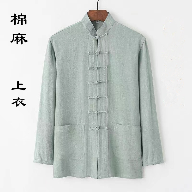 中式唐装亚麻长袖上衣男士中国风复古盘扣衬衫中老年太极禅服衬衣