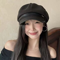 秋冬新款女士复古日系简约休闲皮扣装饰八角帽显脸小深帽顶画家帽