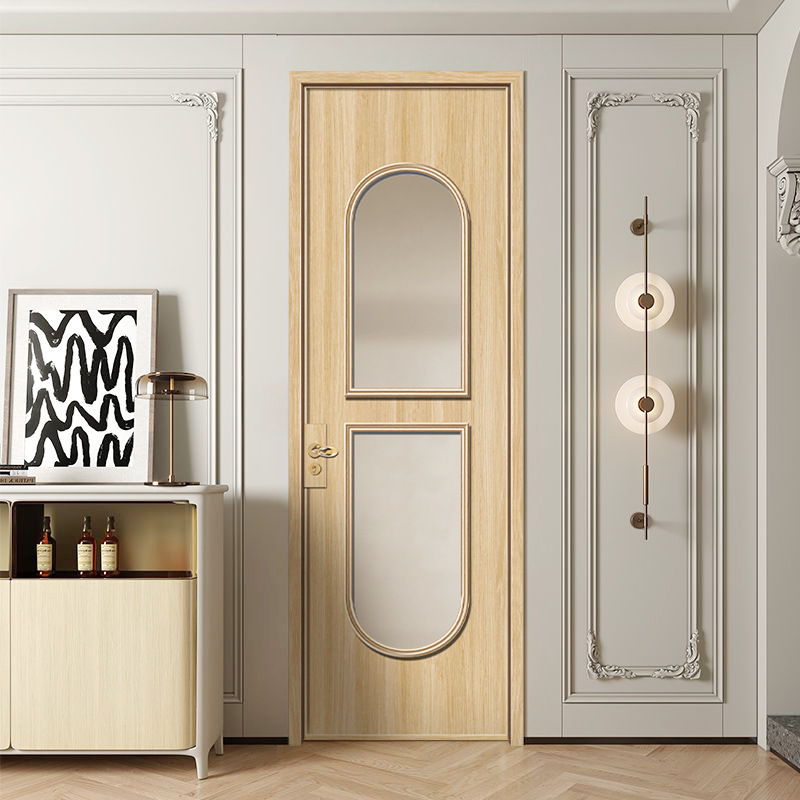 Wood Grain Color Aluminum Alloy Door Retro Glass Door Home Bathroom Door Antique Style Bathroom Door Kitchen Door New Chinese Style