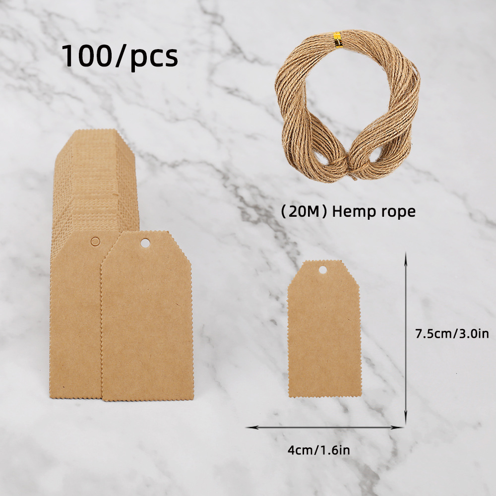 亚马逊牛皮纸吊牌套装100张+20米麻绳4*7.5cm空白卡片花边梯形