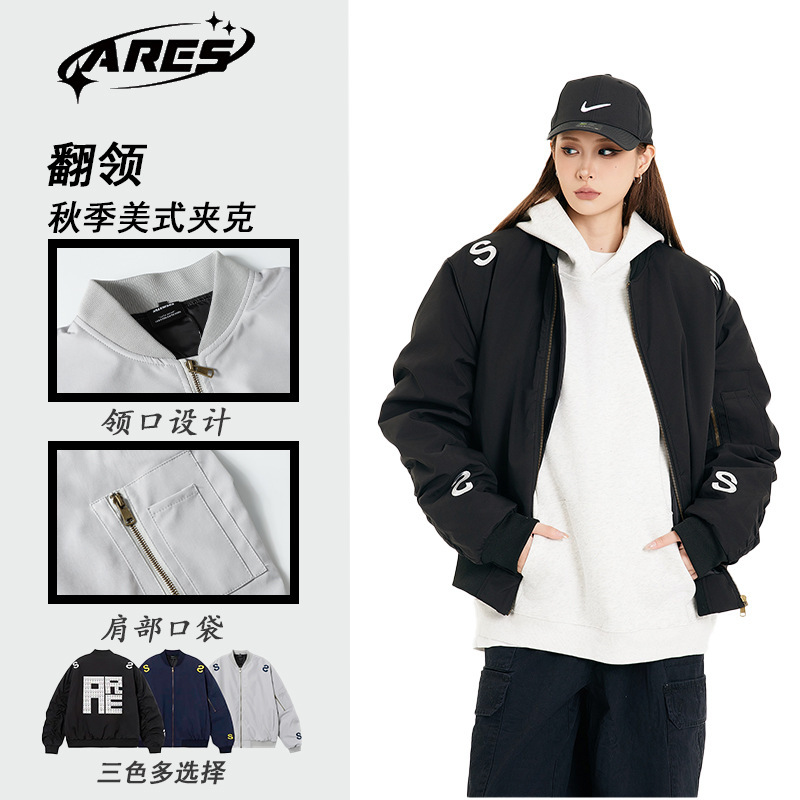 ARESWINGS American Street Embroidered Letter Vertical Collar Bomber Jacket Unisex Niche Design Jacket Coat