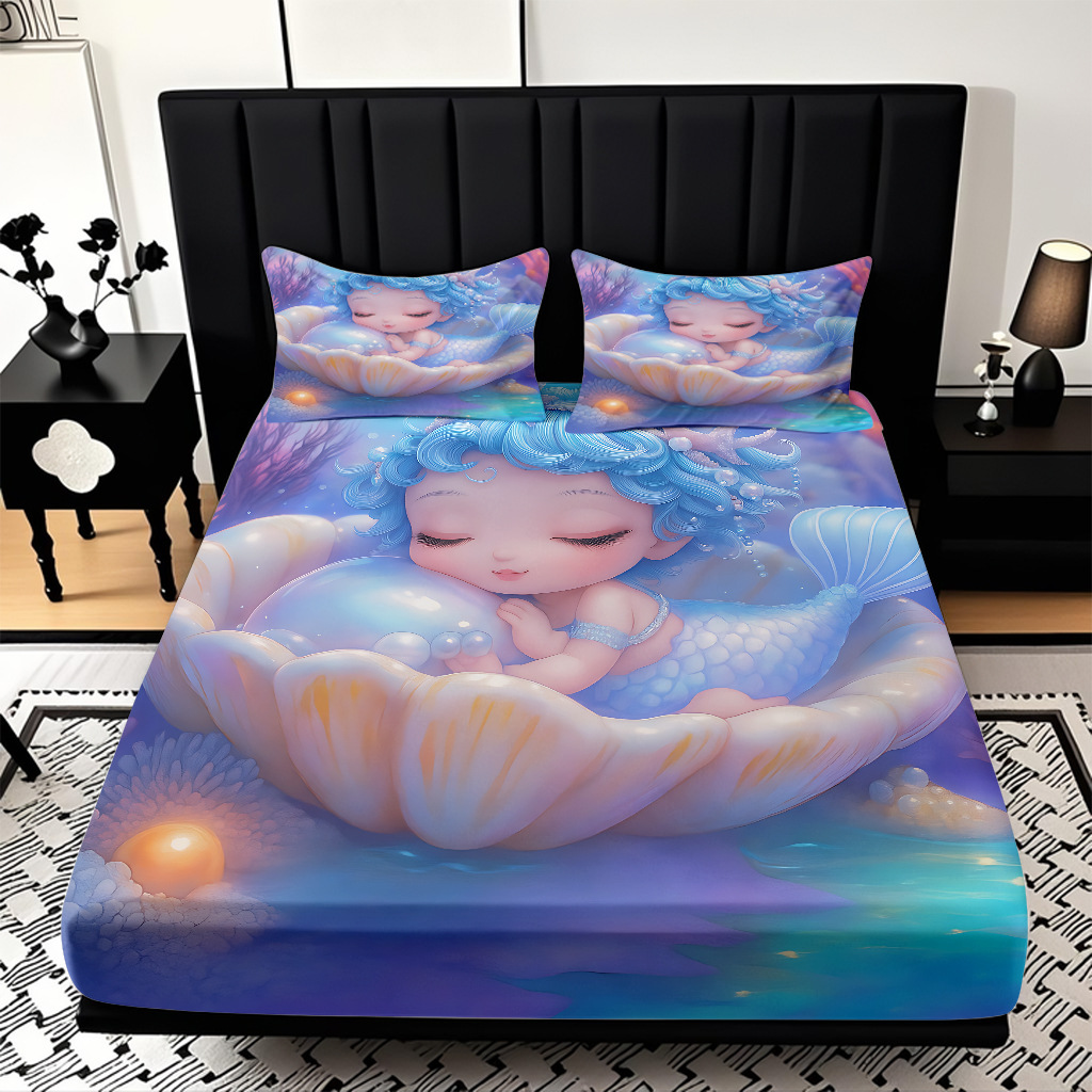 JIT modo Temu 3D impresión de caricatura sirena cama textil casera camisa ropa de cama tres piezas set transfronterizo mayorista