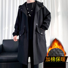 跨境冬季新款男纯色宽松中长款连帽大衣韩版大码休闲风衣外套厚薄
