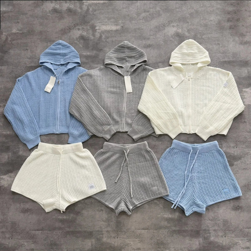 Cross-Border Supply Small Logo Yoga Waffle-Style Women's Short Hooded Jacket and Skirt Pants Set, Soft and Comfortable
