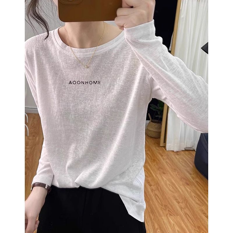 2026 Summer New Snowflake Cotton Thin Long-Sleeve T-Shirt for Women, Loose Fit, Slimming, Letter Print, White Sun Protection Top