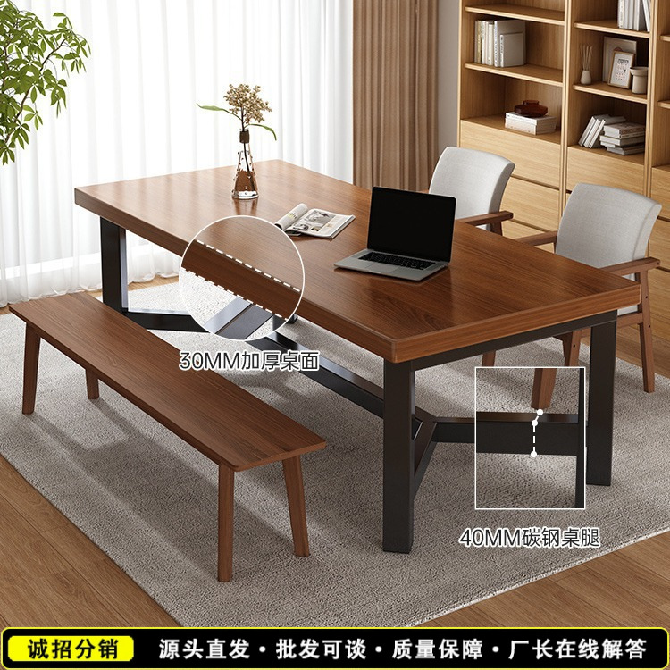 Dining Table for Living Room, Suitable for Small Apartments, Rectangular Walnut-Colored Round Tabletop, Meeting Table, Dining Table and Chair Set