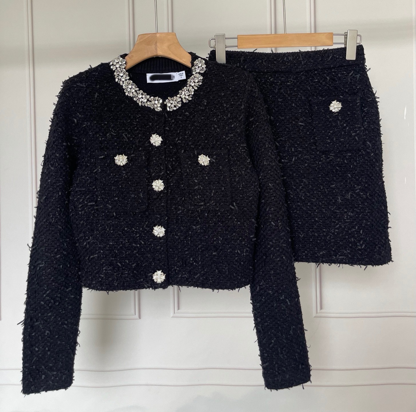202 Autumn and Winter New Style Heavy-Duty Neckline with Diamond and Bead Design Tweed Round Neck Elegant Short Jacket Knitted Cardigan