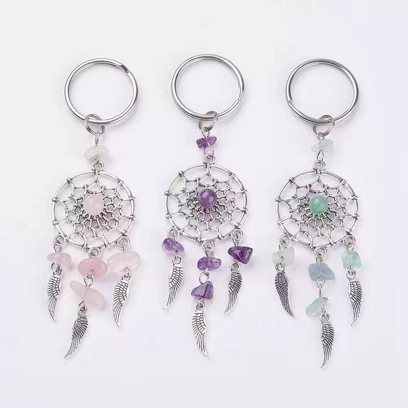 Bohemian Style Natural Crystal Dream Catcher Keychain Feather Tassel Pendant Bag Accessory