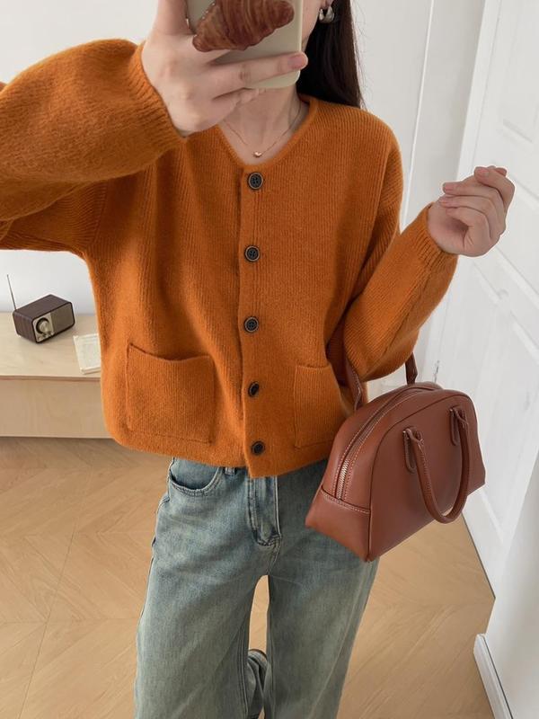 小个子简约双口袋针织开衫女2025秋新款韩版休闲百搭单排扣毛衣|undefined