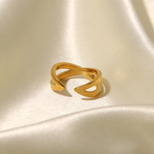 INS French-style niche design stainless steel plated with 18K gold women's versatile cross-set white diamond open ring
