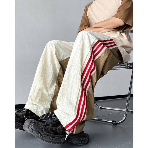 Men's Autumn American Design Sweatpants with Ice Silk Quick-Dry Striped Straight Leg Loose Casual Sports Pants