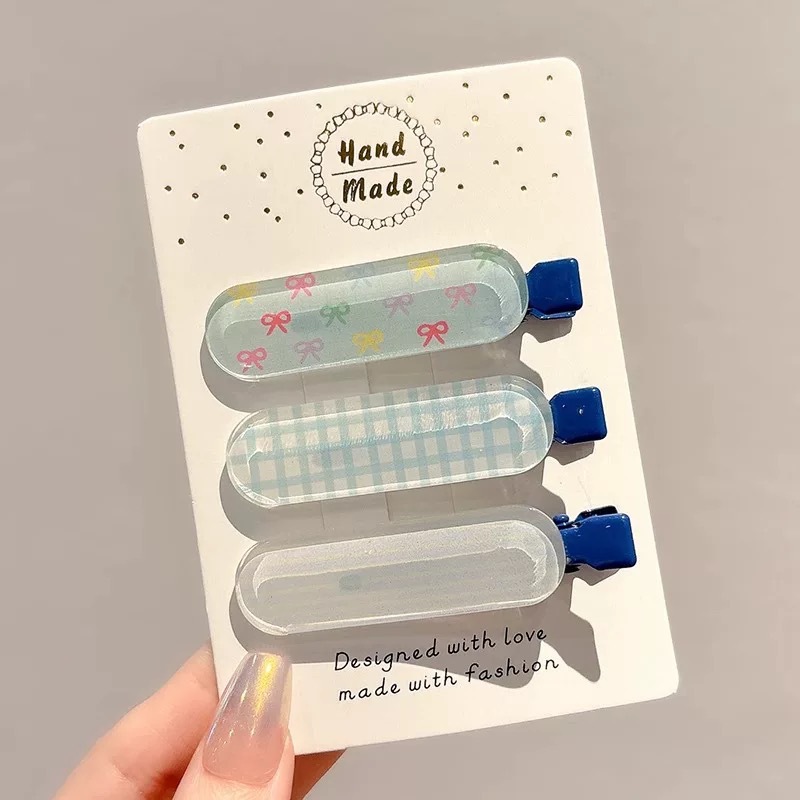 26# aqua blue plaid colorful bow striped 3-piece hair clip set