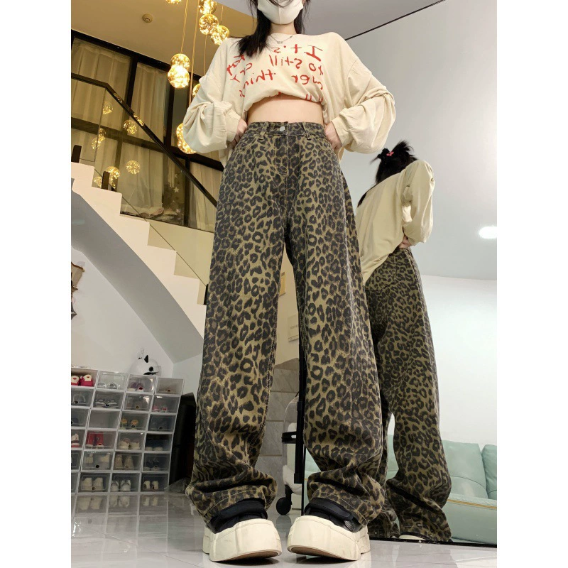 Реальный выстрел по реальной цене! Новые джинсы с леопардовым принтом женские ретро-дизайн чувство нишевые свободные прямые повседневные широкие брюки