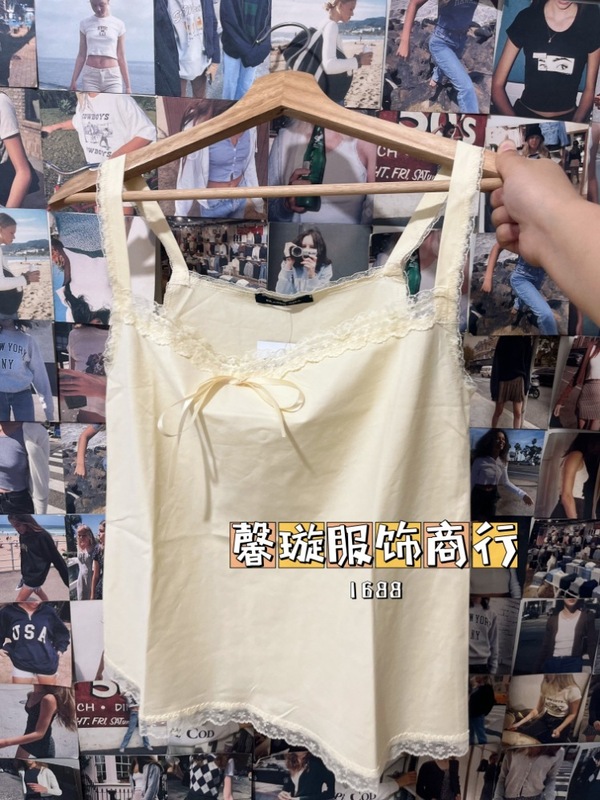 BM风 法式奶油黄色显白吊带bm新款蝴蝶结蕾丝外穿宽松一字领上衣|undefined