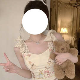 纯欲卡通印花吊带小背心女夏季甜辣妹蕾丝蝴蝶结性感内搭上衣外穿