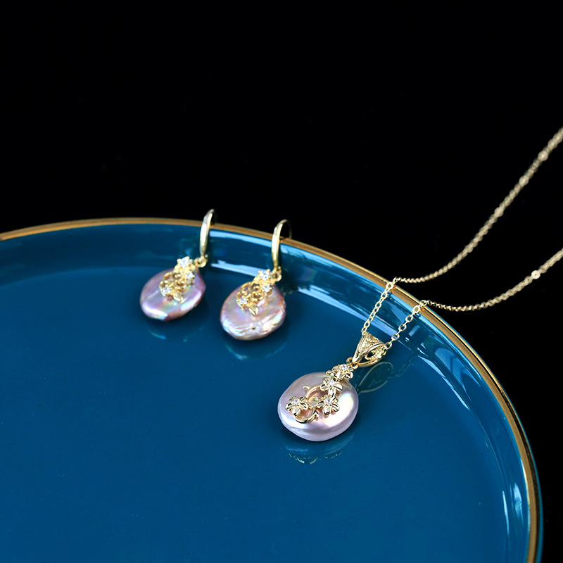 镂空雕花紫色巴洛克扁平珍珠项链纽扣珍珠耳环首饰套装7115B