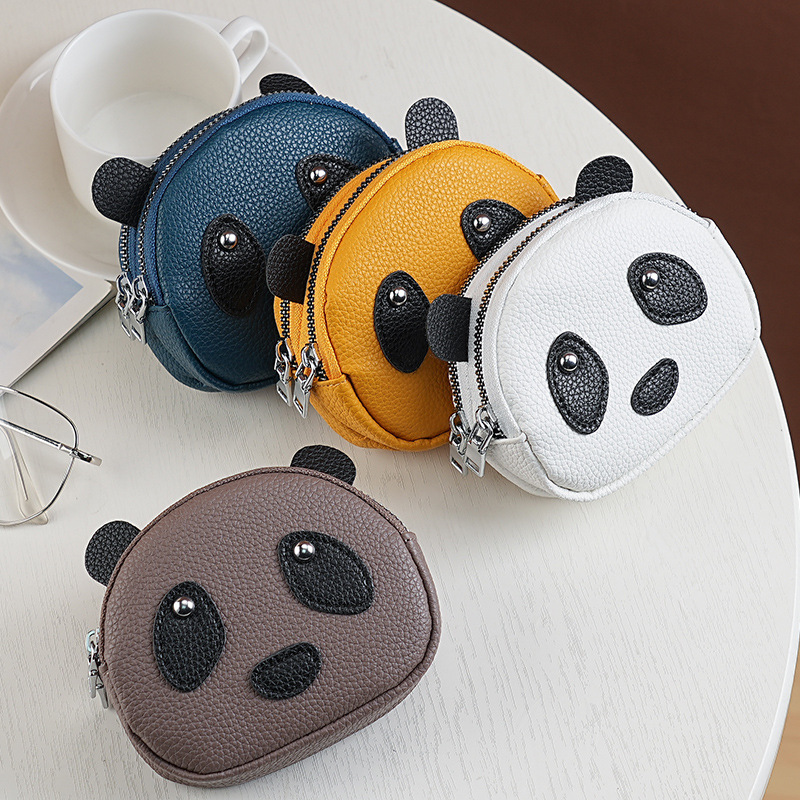 Cute panda pequeño bolso de cambio de cuero suave doble cremallera cabeza de monedas de cuero suave multifunción bolso de llaves para mujeres