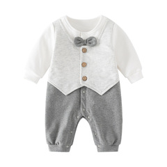 Four Seasons Long Sleeve Baby Onesie Gray Gentleman Suit Newborn Baby Clothes Hairy Coat Crawler Factory Wholesale 