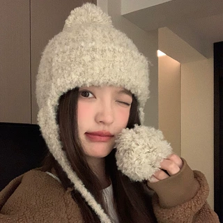可爱毛球秋冬新款保暖护耳雷锋帽子女系带包头帽显脸小毛线帽百搭