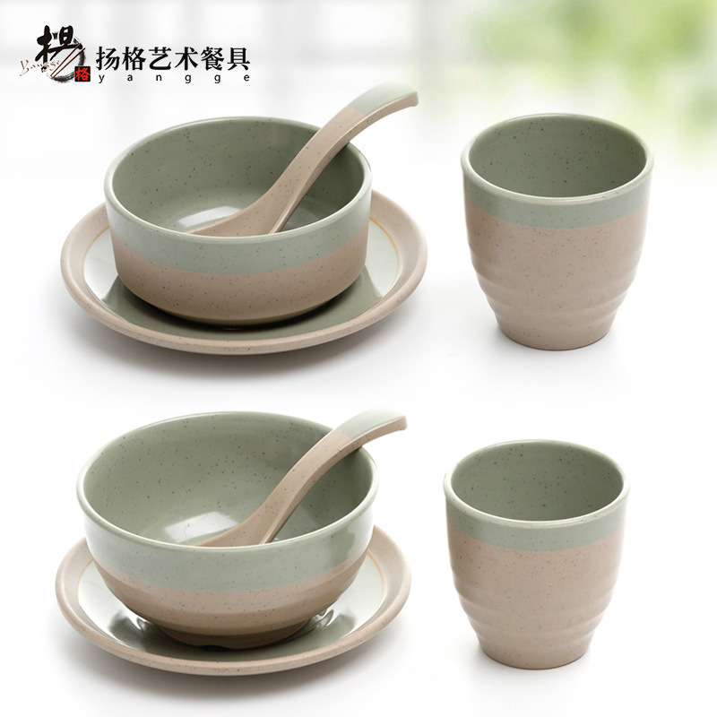 扬格密胺小碗仿瓷摆台四件套餐厅饭店饭碗味碟汤碗盘勺杯餐具套装|undefined
