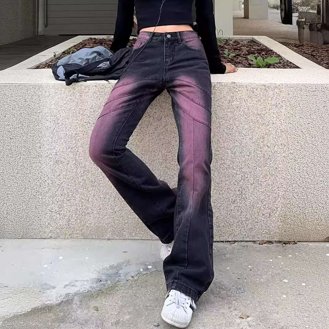 十三行牛仔长裤24原创美式复古水洗腮红微喇叭小众设计扎染直筒裤