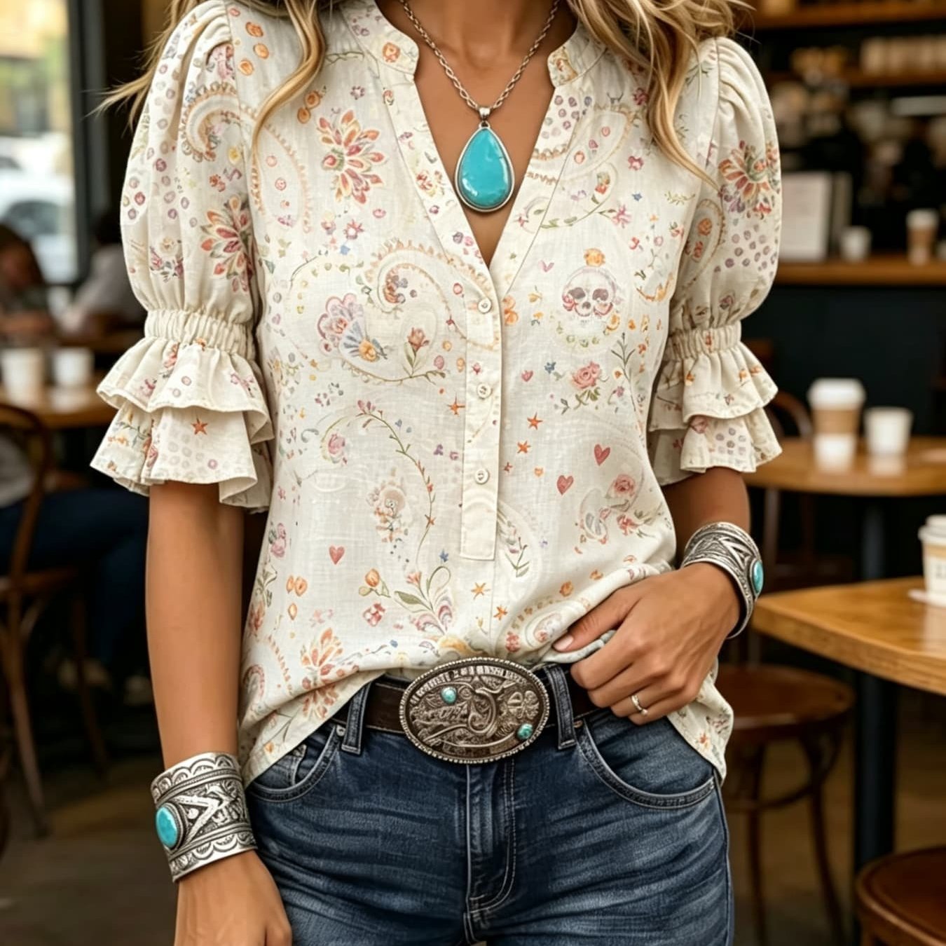 Transfronterizo exclusivo para camisas de impresión vintage mujeres sueltas de cuello en V de manga corta chaqueta bohemiana Europa y América nuevo transfronterizo image 36
