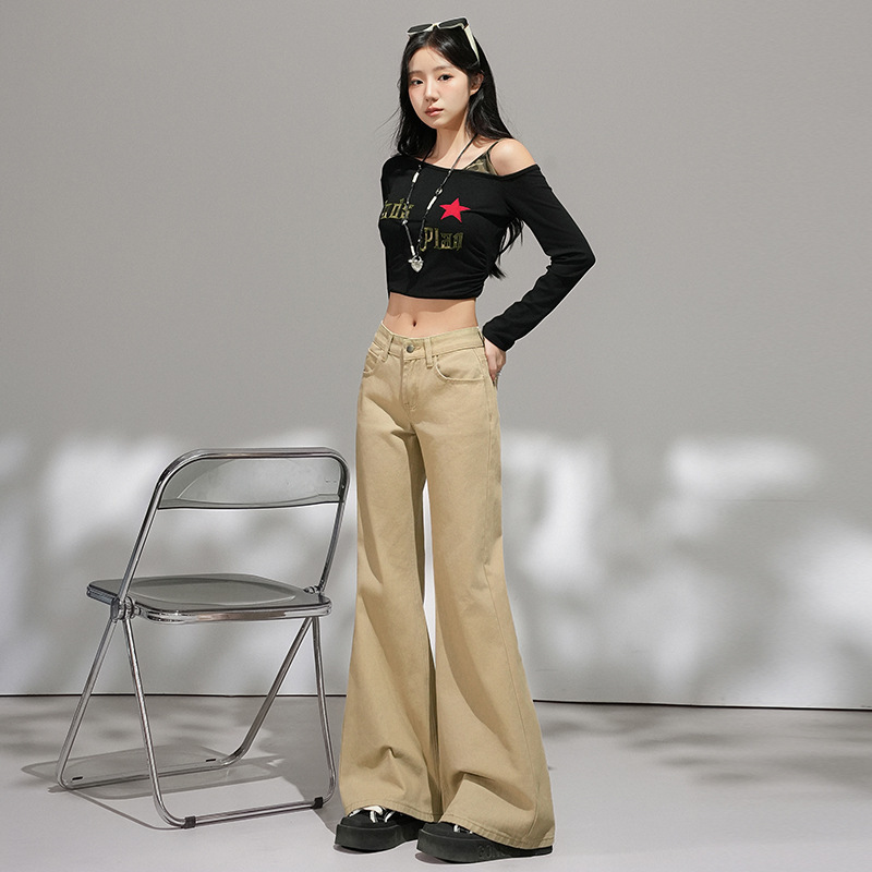 2025 Autumn New American Street Style Khaki Flared Jeans for Women, Low Waist, Non-Stretching, Slimming, Versatile Bell-Bottom Pants