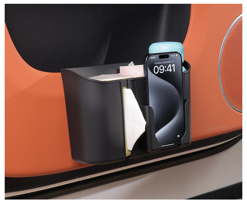 Car rear seat headrest side storage box, plastic thickened snap-on design, 2-in-1 tissue box with cup holder