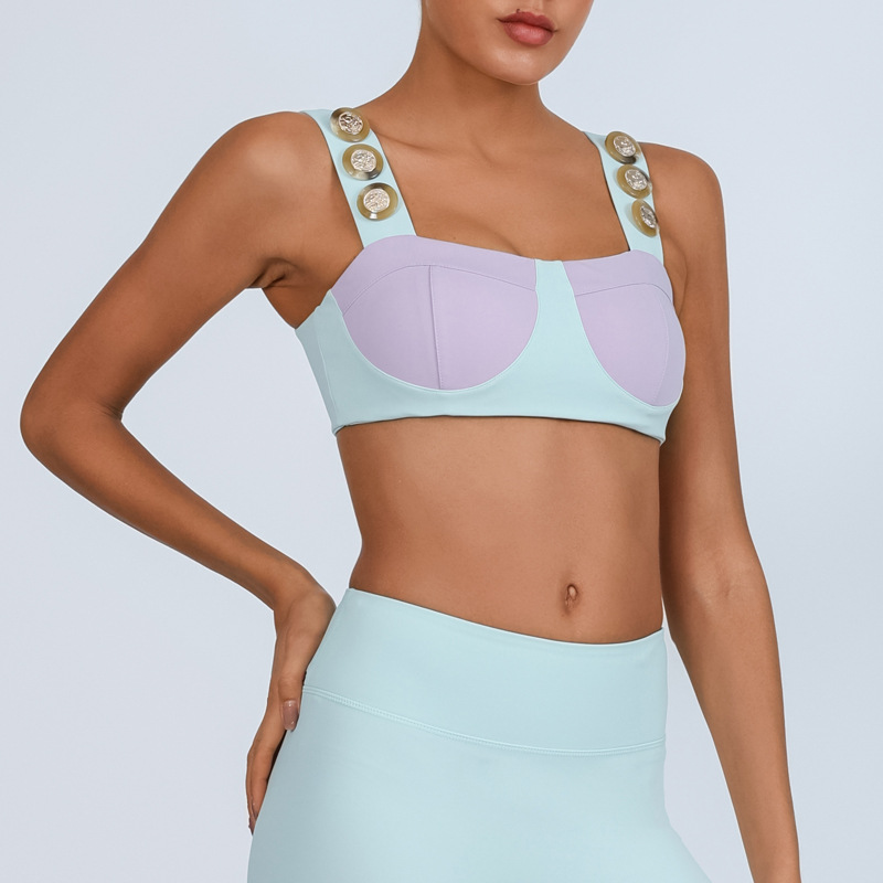 Traje de fitness deportivo transfronterizo de comercio exterior, pecho envuelto en color en contraste para mujer, chaleco con almohadilla para el pecho, pantalones desnudos de secado rápido de alta elasticidad