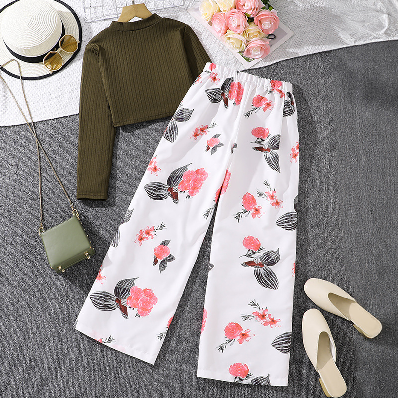 Nuovo set casual alla moda alla moda 2024 autunno ragazze top a maniche lunghe pantaloni a gamba larga stampati_voghion.com