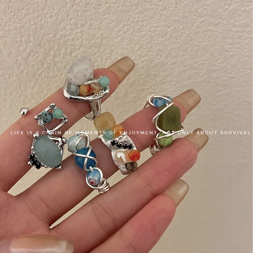 New Chinese-style handmade bead natural stone open overlay ring for women, Instagram versatile cool-colored ring