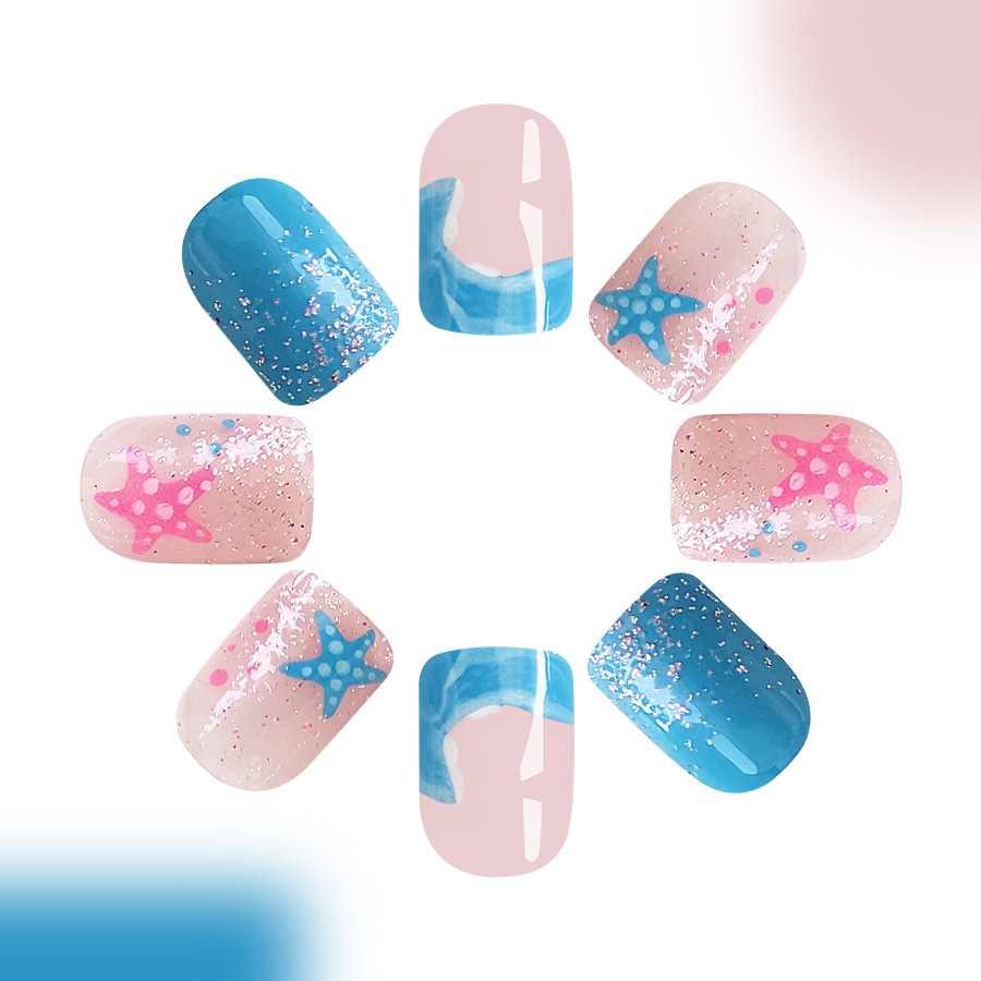 Short bright face square armor Europe and the United States cross-border foreign trade sea wave starfish powder blue detachable wearable nail art 24 p_voghion.com