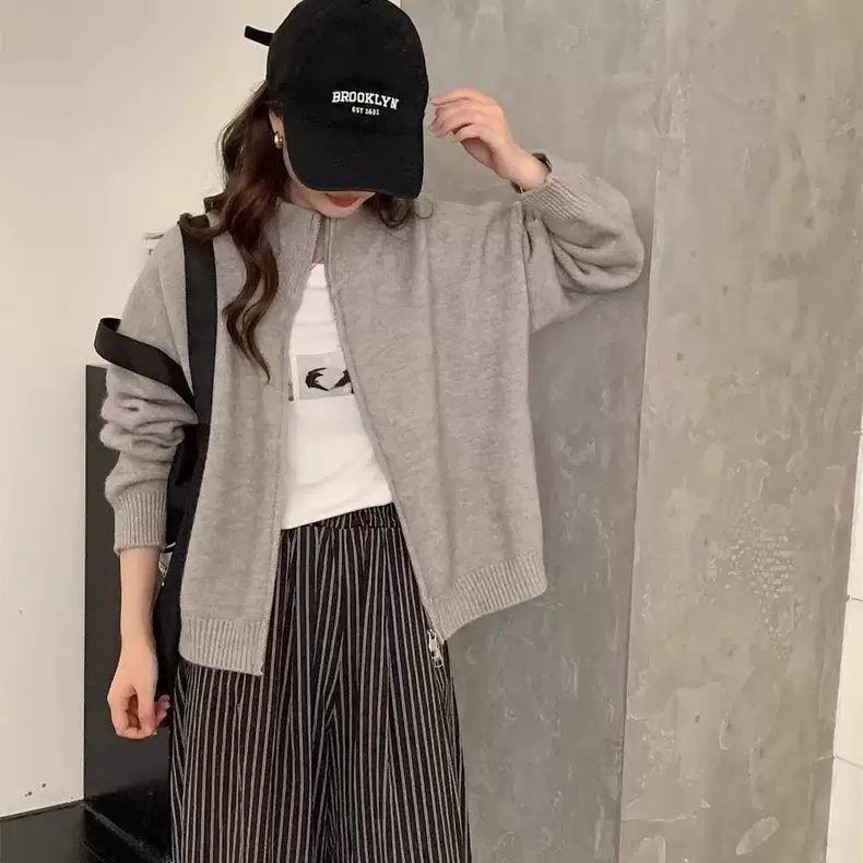日韩系复古双拉链毛衣外套女秋季氛围感翻领休闲百搭针织开衫上衣|undefined