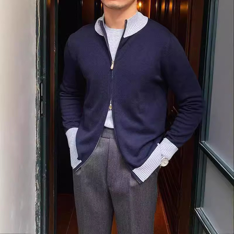 Color Blocked Double Zipper Knitted Sweater Men's Sweater Jacket Stand Up Collar Slim Fit Casual Cardigan Top_voghion.com