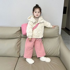 2025秋冬女童保暖小棉衣粉色棉裤套装女宝宝碎花棉衣棉布裤两件套