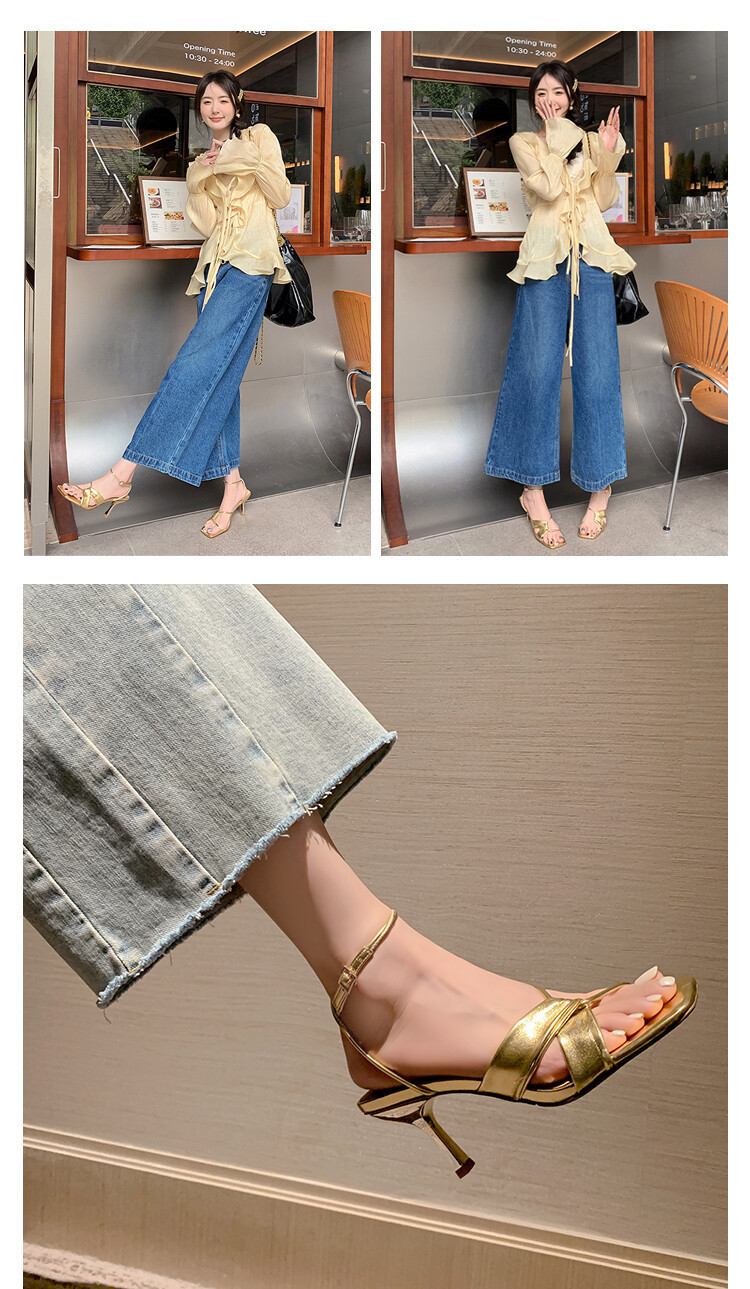 Sandal cao gót nữ hở mũi quai khóa cổ chân gót nhọn 9 cm — Màu vàng, Màu trắng be, Màu bạc chi tiết 19