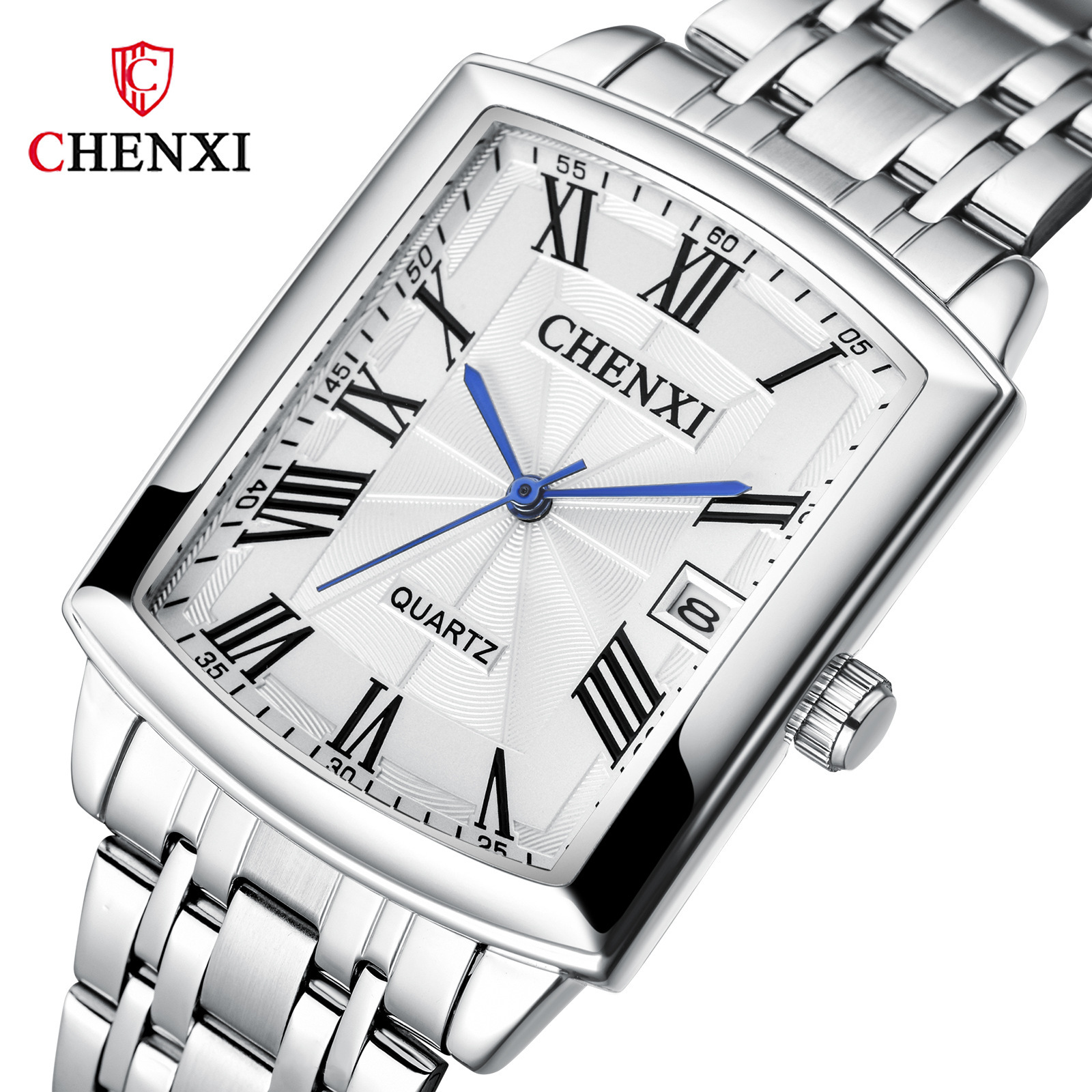 Reloj de pareja chenxi escala romana calendario de ocio reloj de cuarzo correa de acero cuadrada reloj de hombre 079A