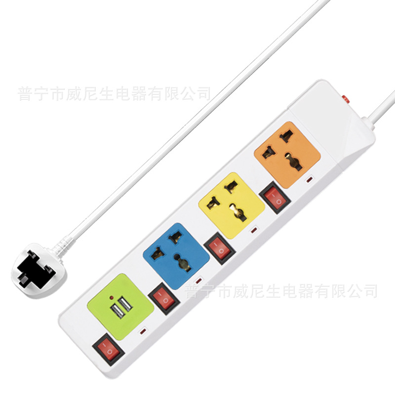 厂家直销排插插板万能通用孔带2USB彩色批发家用多功能外贸插座