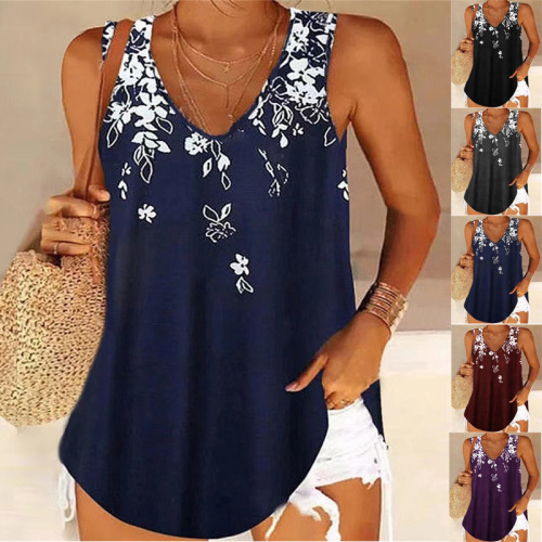 European and American Summer TEMU Independent Site: Women's Loose V-Neck Gradient Sleeveless Printed Top Vest